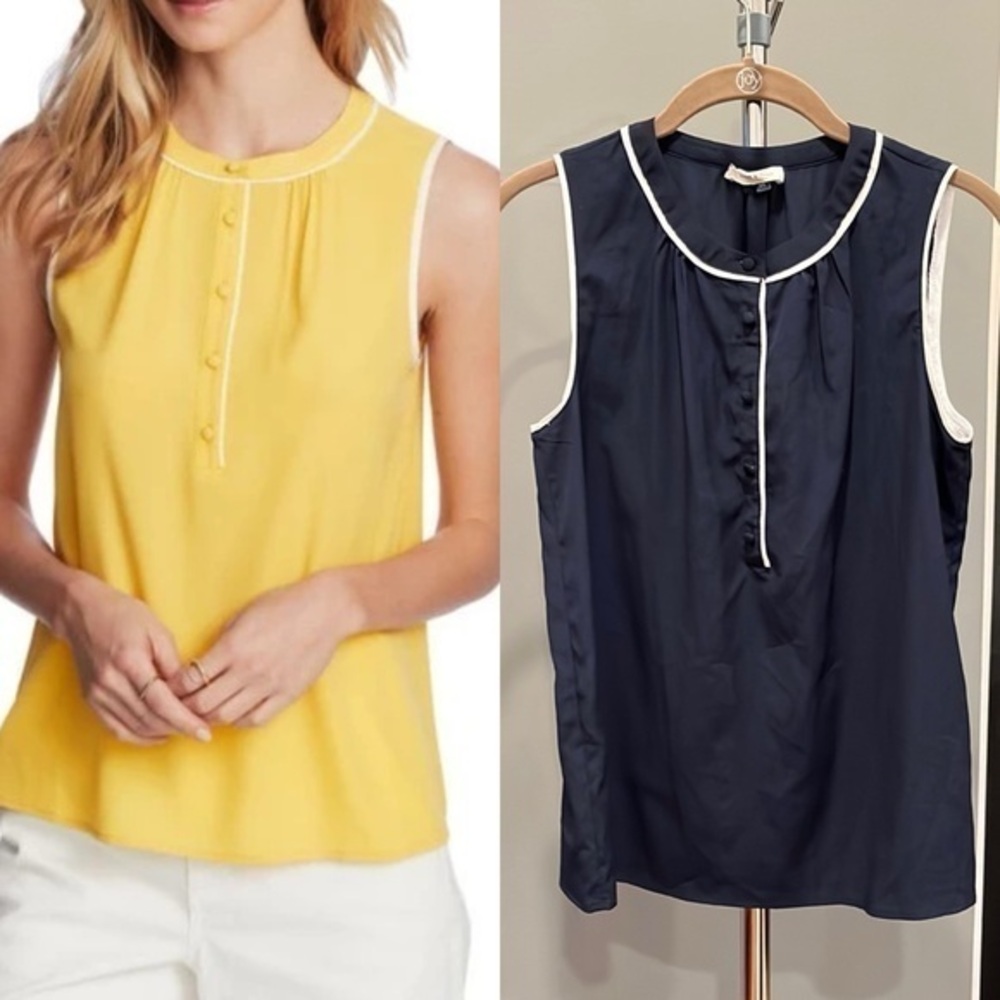🇪🇸🐠Court & Rowe Sleeveless Crêpe de Chine Blouse navy blue white piping